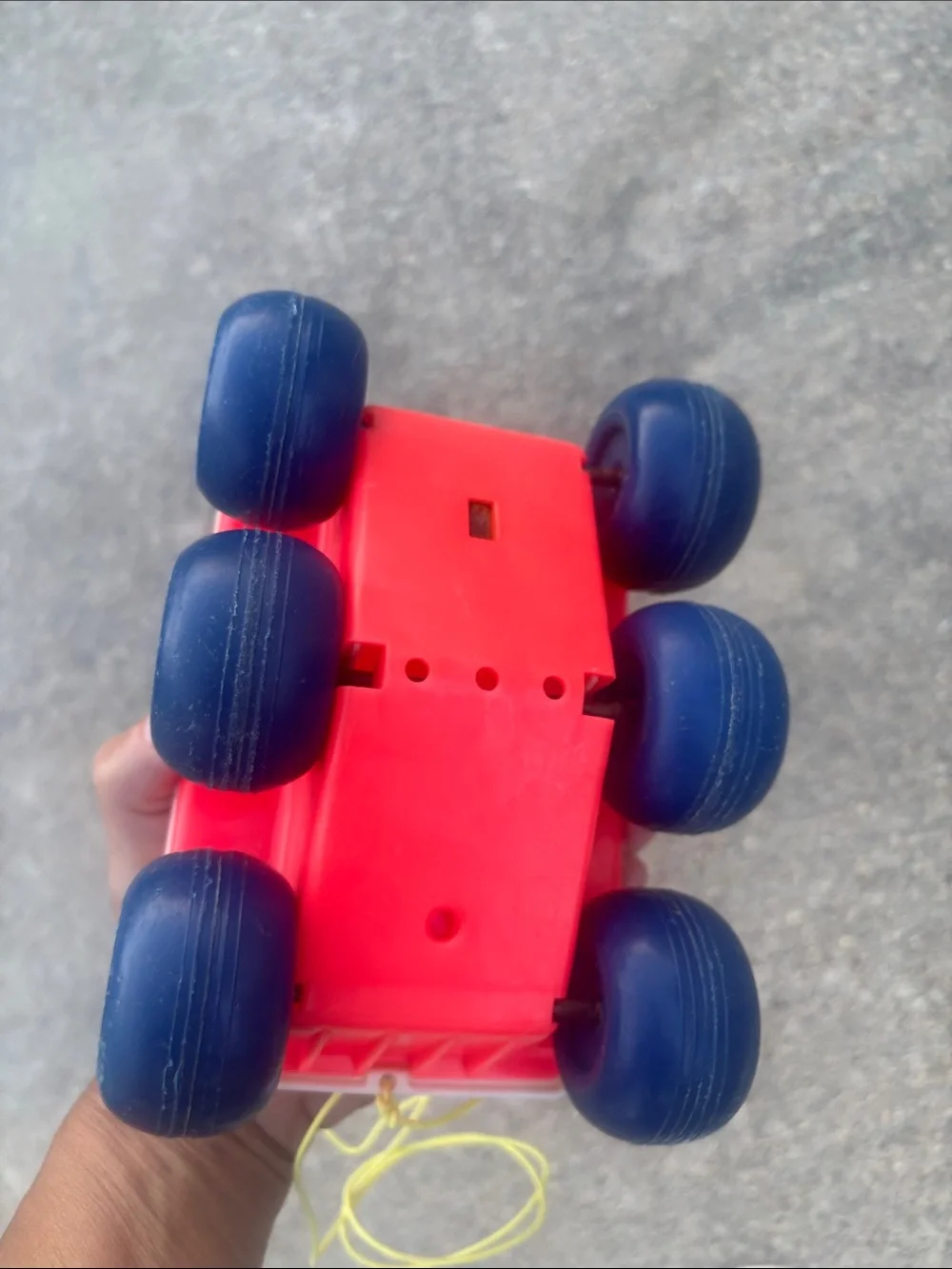 Vintage 1973 Fisher PriceBouncing Buggy Pull Toy - White with Blue & Red Accents